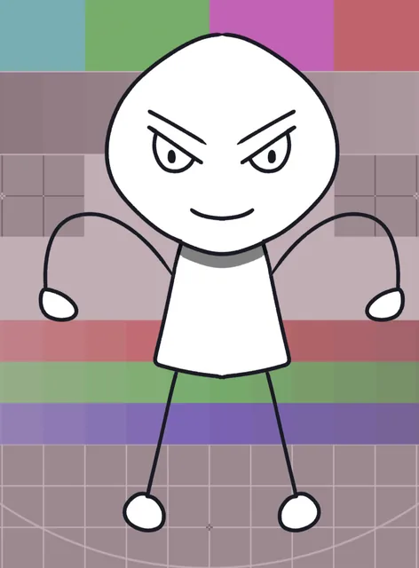 A cheeky stick figure in front of a colourful tile wall