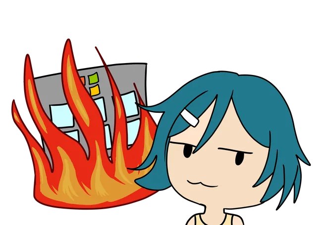 Mary's character looking unimpressed next to a burning computer
